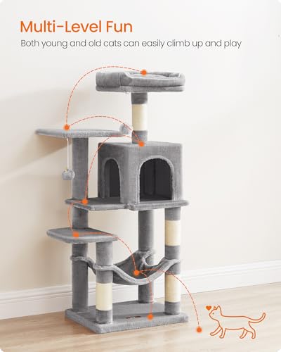Image of Feandrea Cat Tree, 44.1-Inch Cat Tower, Plush Multi-Level Condo with 4 Scratching Posts, 2 Perches, Hammock, Cave, Light Gray UPCT261W01