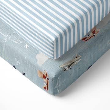 2-Pack Crib Sheet for Standard Crib & Toddler Mattress (Watercolor Airplanes and Clouds) - Premium Fitted Baby Crib Sheets - Buttery Soft Cotton Blend - Crib Mattress Sheets Fitted - Baby Bed Sheets