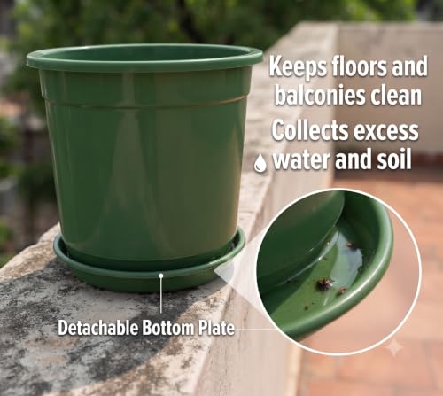 Image of 12 Inch Glossy Forest Green Plastic Planter with Bottom Plate | Heavy Duty Flower Pot with Tray for Indoor Home Decor, Balcony, Living Room & Outdoor Garden (3 Pot, Forest Green)