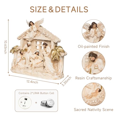 YeehaWhoo Nativity Sets for Christmas Figurine Decorations Indoor, 12.5 Inch Large Lighted Resin Manger for Nativity Scene Jesus Religious Holidays Home Tabletop Xmas Decor Collection Gifts (White) - Thumbnail 3