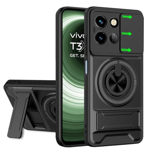 Image of AESTMO Vivo T3X 5G Back Cover | Armor Camera Slider 360 Degree Rotating Finger Ring Holder Case with Bracket Stand Back Case Cover (Compatible with MagSafe Accessories) (Black)