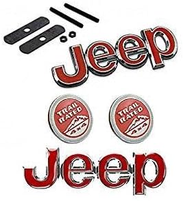 Combo Set 1pcs Red Jeep Front Grille Emblem + 2pcs Red TRAIL RATED Chromed Emblem Badge Decal Sticker + 1pcs Red Jeep Emblem Badge Decal Sticker Fit For Jeep Car Model