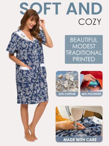 Image of Casual Nights Women's Snap - Front House Dress Short Sleeve Woven Housecoat Duster Lounger Robe with Pockets