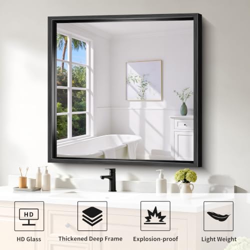 Image of Bathroom Mirror, 36 x 36 inch Brushed Black Square Mirrors for Wall | 0.6 inch Thickened Deep Frame Rectangle Mirrors for Over Sink, Shatterproof Tempered Glass, Antirust, Horizontally or Vertically