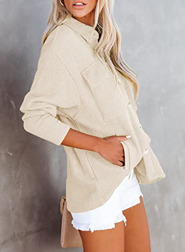 Shewin Womens Corduroy Shacket Jacket Long Sleeve Button Down Shirt Fall Casual Solid Color Collared Oversized Tops With Packets,Us 16-18(Xl),Beige #TOP1