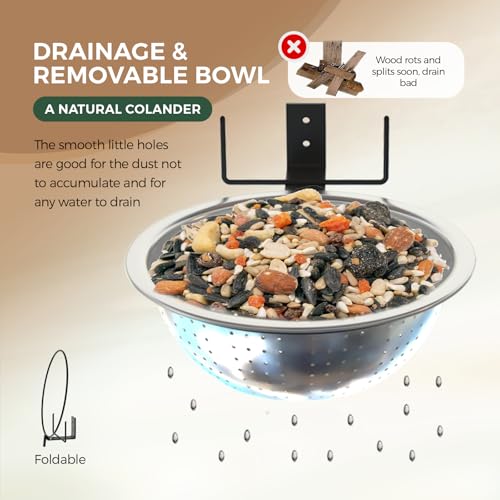 Ofasixx Squirrel Feeder Bowl Tree Mounted, Drainage Holes Like a Colander - Nice for Outside, 8.5\" Removable Metal Feed Bowl Easy to Clean/Refill, 2 Squirrel Corn Cob Spikes, Notebook(Brown)