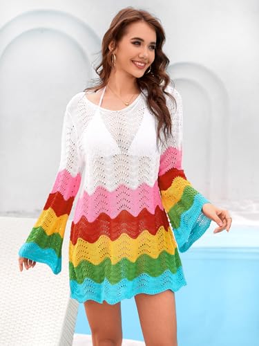 BB&KK Womens Crochet Swimsuit Cover Up Long Sleeve Summer Bathing Suit Color Block Bikini Mesh Knit Swimwear Beach Dress 20253