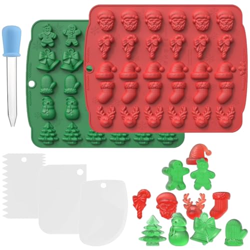 THQAE 2 Moules à Chocolat de Noël en Silicone, 30 Cavités pour Bonbons, Avec Compte-Gouttes Silicone 5ml et 3 Grattoirs, Parfaits comme Outils de Cuisson...