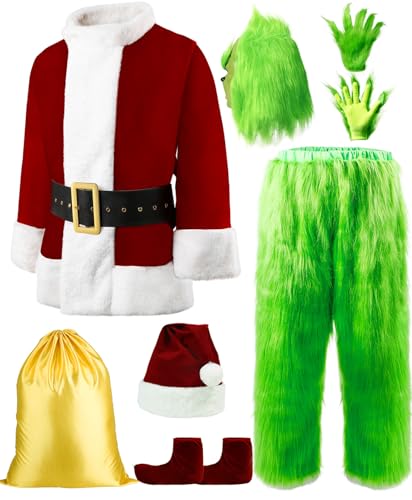 Gneizay Green Halloween Costumes Adult,Cosplay Santa Suit Christmas Deluxe Furry Santa Claus Funny Santa Costume with Mask, Large