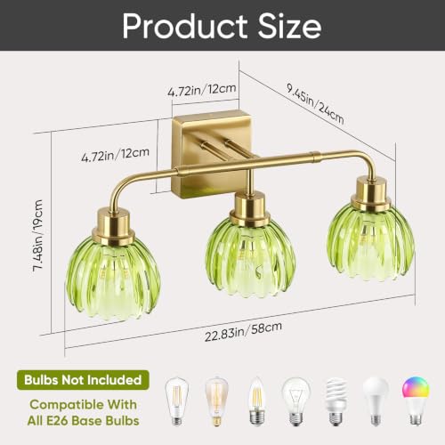 Image of Ralbay Vintage Bathroom Light Fixtures,Gold Bathroom Vanity Light,Matte Antique Brass Finish with Green Crystal Glass Shade,Wall Sconces Lighting for Bedroom,Living Room,Hallway(3-Light)