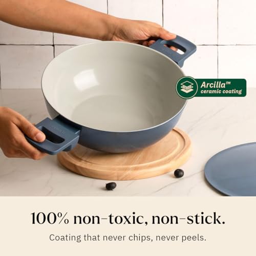 Image of Ember Cookware Arcilla Ceramic Non Stick Cookware Set of 2 | Frying Pan 24 cm & Kadai 2.6 Litre with Metallic Lid | 75% Less Oil | ISI Certified | Non Toxic Ceramic Cookware | Gift Set of 2 | Blue