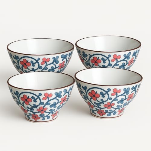 Image of YELONA Japanese Style Ceramic Bowls - 4.8 Inch (300ml), Set of 4 - Floral Design Rice /Noodle Bowls - Microwave & Dishwasher Safe, Ideal for Gifting Choice