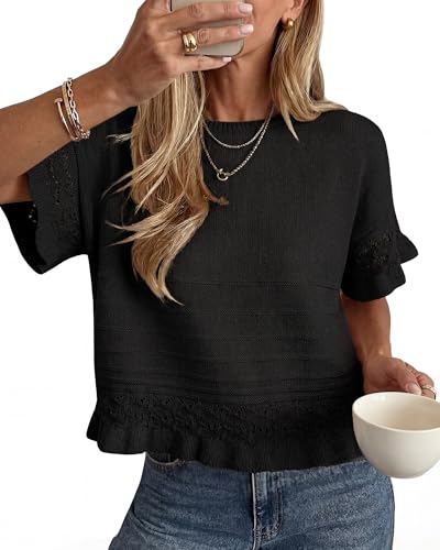 Simlakey Women's Short Sleeve Sweaters Round Neck Cute Ruffle Hem