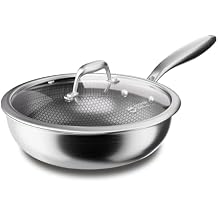 COOKER KING 11-Inch Hybrid Stainless Steel Wok with Lid, Nonstick Stir Fry Pan & Deep Frying Pan, Tri-Ply Clad Honeycomb Everyday Pan, Induction Ready, Oven & Dishwasher Safe, PFOA Free