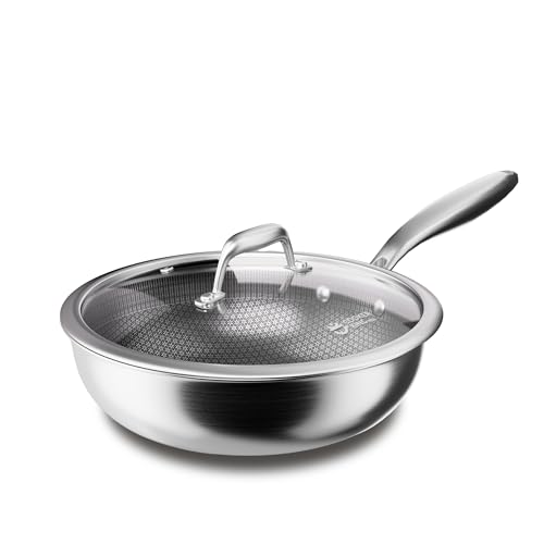 Image of COOKER KING 11-Inch Hybrid Stainless Steel Wok with Lid, Nonstick Stir Fry Pan & Deep Frying Pan, Tri-Ply Clad Honeycomb Everyday Pan, Induction Ready, Oven & Dishwasher Safe, PFOA Free