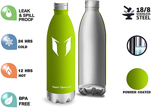 Super Sparrow Vacuum Insulated Bottle - 24 Hours Cold & 12Hours Hot - Sports Water Bottle, Vacuum Flask Bottle ,Includes Straw Lid- BPA Free (Apple Green-750ml)