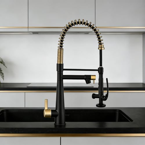 Image of Kitchen Faucet, Solid Brass Black + Brushed Gold Kitchen Faucet, Heavy Duty Spring Pre-Rinse Single Handle Kitchen Faucets with Pull Down Sprayer and Pot Filler, Commercial Style Sink Faucet