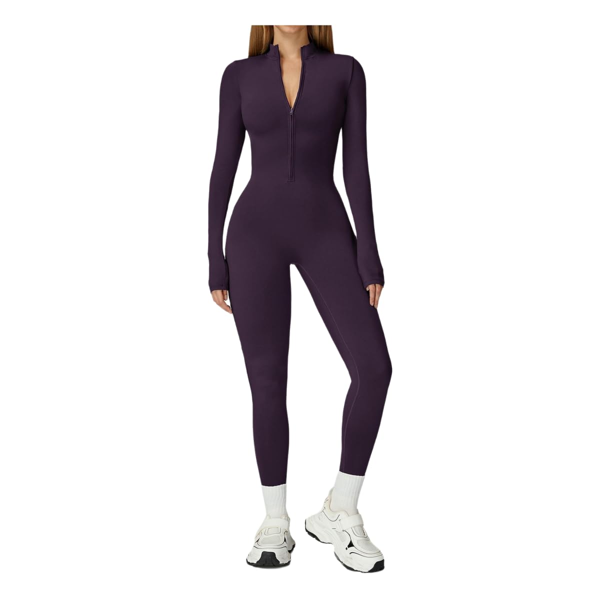 Mono de yoga morado de running para mujer con cremallera y terciopelo