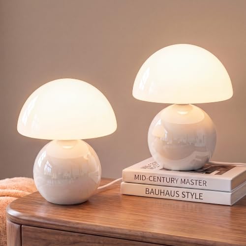 Image of Dawnwake Mushroom Lamp Table Lamps Set of 2 for Bedroom Living Room,White | 8.7 inch Mid Century Modern Small Desk Table Lamps for Living Room Bedroom Decor,Ceramic Lamps for Home Room Decor,Glass Shade