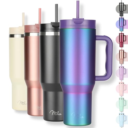 Milu Tazza termica a doppia parete 1200ml con cannuccia e manico, 24h ghiacciato / 12h caldo Tumbler 40oz in acciaio inox con manico, bottiglia isolante da portare con sé (Aurora, 1200ml)