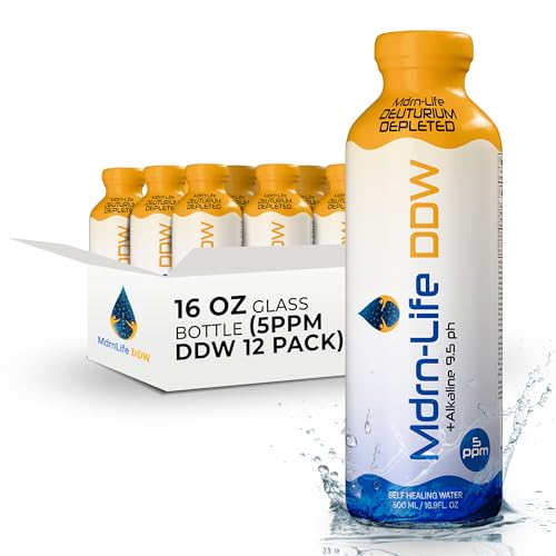 •Mdrn-Life Deuterium Depleted Water, Purified Bottled Water, DDW as Low as 5-PPM, 9.5 pH Alkaline, No Additives or Chemicals, Pack of 12 (500 ml each) (Glass Bottle)