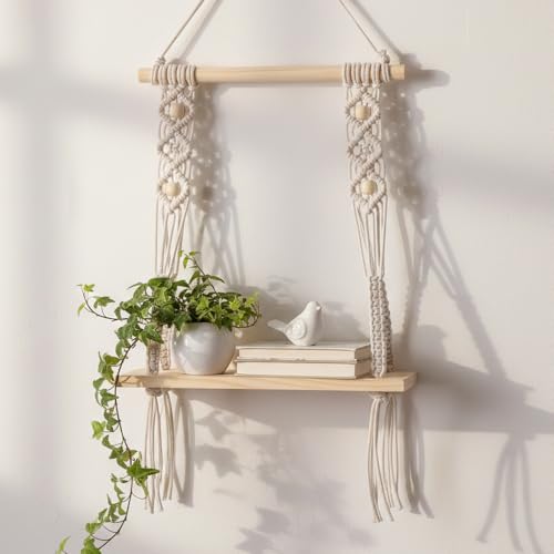 Decazone ® Macrame Wall Hanging Shelf Wood Floating Shelves with Wooden Dowel Modern Chic Woven Decor for Dorm Living Room Nursery Beige 55 x 43 cm (W