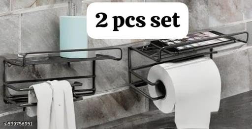 2 PIS Set No Drill Self Adhesive Toilet Paper Holder/Tissue Paper Roll Holder with Mobile Stand/Towel Holder/Bathroom Accessories (Black, Pack of 2)2PIS (Mobile+Tissue) / 515_KP2191 1