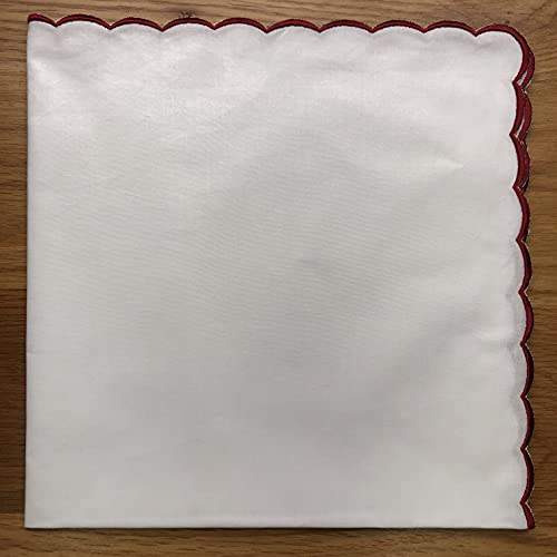White Cotton Dinner Napkins, Embroidered Scalloped Napkins, 18X18" Cloth Napkins, Cotton Handkerchiefs With Red Embroidered Edge, Set Of 3 #TOP6