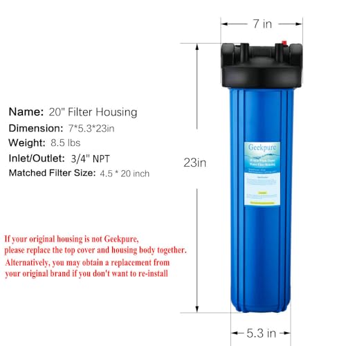 Geekpure Wasserfiltergehäuse für das ganze Haus, 50,8 cm, 1,9 cm Einlass/Auslass mit Schlüssel und Halterung, 11,4 x 50,8 cm, Blau