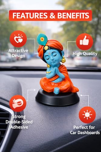 Image of Blue Tone Krishan Ji Sitting (Eye Closed) Dashboard Idol for Car | Premium Resin Hindu God Murti | Double-Sided Tape Base Home Temple & Car Decor | Gift for Festivals