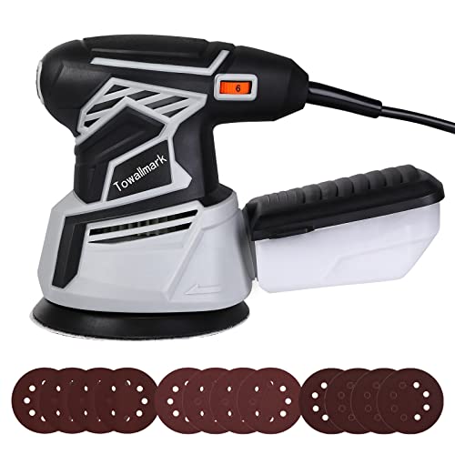 Orbital Sander, Towallmark 350W 2.6A Random Orbit Sander with 6 Variable Speeds,13000RPM, 12Pcs Sandpapers, 5-Inch High Performance Dust Collection System for Woodworking
