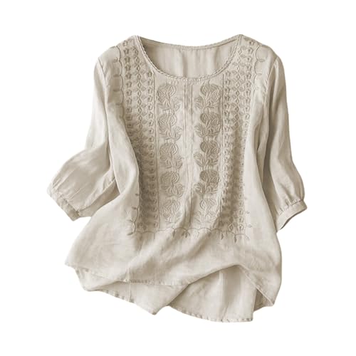 Embroidered Boho Tops for Women Trendy 3/4 Length Sleeve Cotton Linen Shirts Plus Size Fall Fashion Dressy Casual Blouses