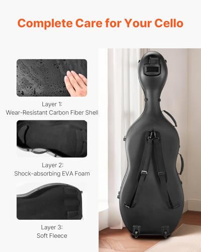 VEVOR 4/4 Full Size Cello Case, Composite Carbon Fiber, Anti-Scratch, Professional Cello-Shape, Lightweight Portable Travel Carrying Bag, with Plush Lining, Dual Shoulder Straps, for Cello, Black