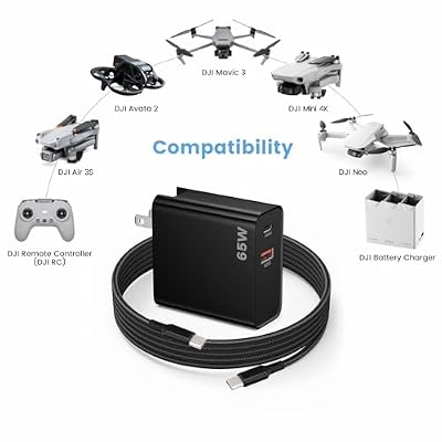 PD 65W USB C Fast Charger for DJI Neo, Air 3S, Mini 4K, 2 SE, Avata 2, Mavic 3 Drones - Dual Port USB + Type C Wall Charger with C to C Charging Cable for DJI FPV Accessories, 6ft Long