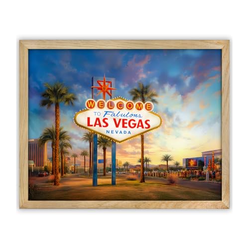 Welcome to Las Vegas – 11x14 Framed Print, Retro Neon Cityscape Poster Featuring the Iconic Welcome Sign, Scenic Nevada Skyline Artwork, Vintage Travel Wall Decor for Office, Game Room, Man Cave, or Modern Interiors