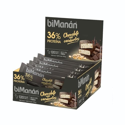 biManán beFIT - BARRITAS CHOCOLATE CON CACAHUETES - Alimento Hiperproteico - Cobertura de Chocolate Negro y Cacahuetes - 36% de Proteínas - Expositor 20 Unidades (700g)