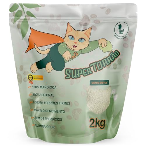 Super Torrão Areia Higiênica Sanitária Natural para Gatos, 100% Mandioca, Grãos Mistos, Elimina Odor, 2kg, Biodegradável, Descarte Fácil
