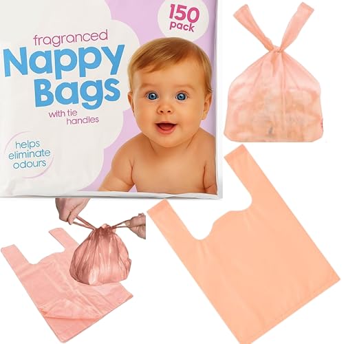 Hithika 150 Pack Scented Colured Nappy Bags with Tie Handles, Fragranced Nappy Bags sacks for Baby Diapers, Dog Waste bag, Adult Hygiene Travel Bag & Bin Liner Use, Odour Control, Leak proof