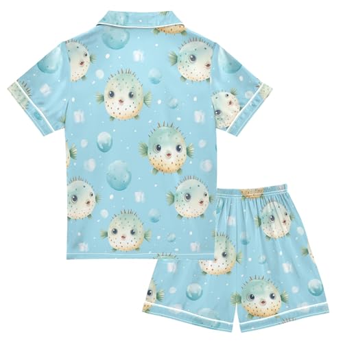 Blue Puffer Fish Pattern Summer Satin Pajama Set, Cute Button-Down Sleepwear Pj Set for Sleep Wears2
