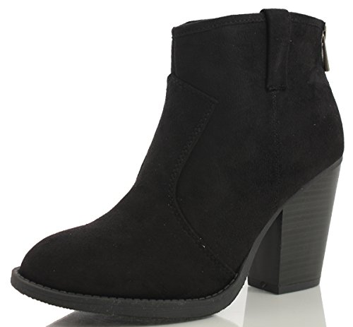 Soda Women's Albert Faux Suede Cowboy Pull-Tab Stacked Heels Ankle Booties2