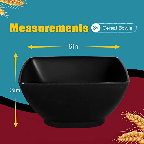 Teivio 8-Piece 24 oz Deep Square Plastic Snack Bowl Set, Unbreakable Wheat Straw Cereal Bowls, Lightweight Durable salad bowls for Rice, Soup, Salad, Fruit, Black