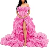 Off Shoulder Maternity Dresses Long Robe for Photoshoot Tulle Puffy Ruffles Pregnancy Gown for Baby Shower