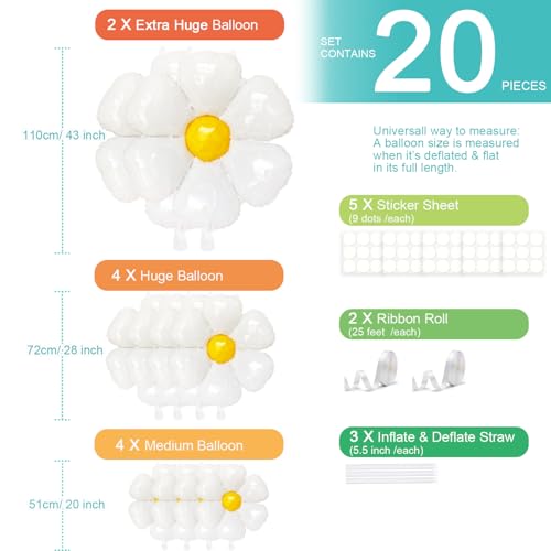 Image of Daisy Balloons 10 pcs White Daisy Flower Balloons Reusable Party Decorations for Birthday Wedding Ceremony Garden Beauty, 2 Extra Huge, 4 Huge, 4 Medium and 10 Fittings