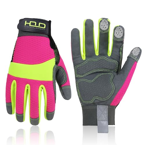 HANLANDY Womens Safety Work Gloves Hi-vis Reflective Pink, Anti Vibration Gloves, Breathable Mechanic Yard Work Gloves (Hi-vis Pink&Green, Medium (Pack of 1))