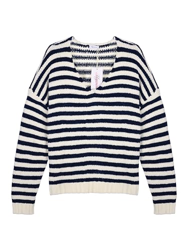 Image of V Neck Sweaters for Women Striped Oversized Pullover Sweaters Drop-Shoulder Side Slit Loose Knit Jumper Tops