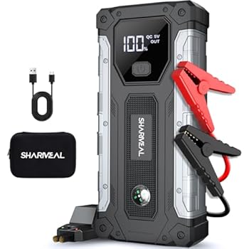 【More Powerful Booster】This 5000-Amp peak lithium car battery jump starter battery pack can start a vehicle(10.0L Gas and 9.0L Diesel) in seconds, suitable for car, motorcycle, RV or tractor and so on. Operation Steps: 1.Insent the jumper cable into ...