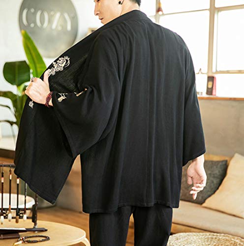 HZCX FASHION Men\'s Kimono Cardigan Lightweight Jackets Linen Haori Samurai Robe(501 Black,S)