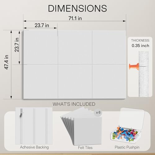 Image of MaxGear Extra Large Bulletin Board 72 inch x 48 inch, White Felt Wall Tiles Pushpin