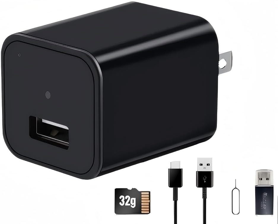 JEVDES USB Charger Hidden Camera, 1080P HD Local Recording for Home Surveillance, Nanny Cam with 32GB SD Card, Discreet Charger Design