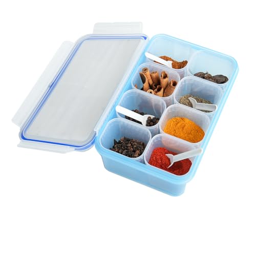 Image of UNICA Spice Box with 8 Pots & 4 Tea Spoons, BPA-free Plastic Spice Organizer with Air Resistant Lid & Non-slip Base, Condiment Tray for Dry Fruits, Mukhwas, Spices, Dishwasher-safe BLUE